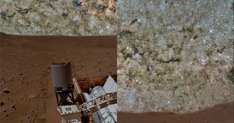 A spacecraft or rover on a rocky, reddish-brown surface under a star-filled sky with dense clusters of stars and cosmic dust, creating a striking contrast between ground and space.