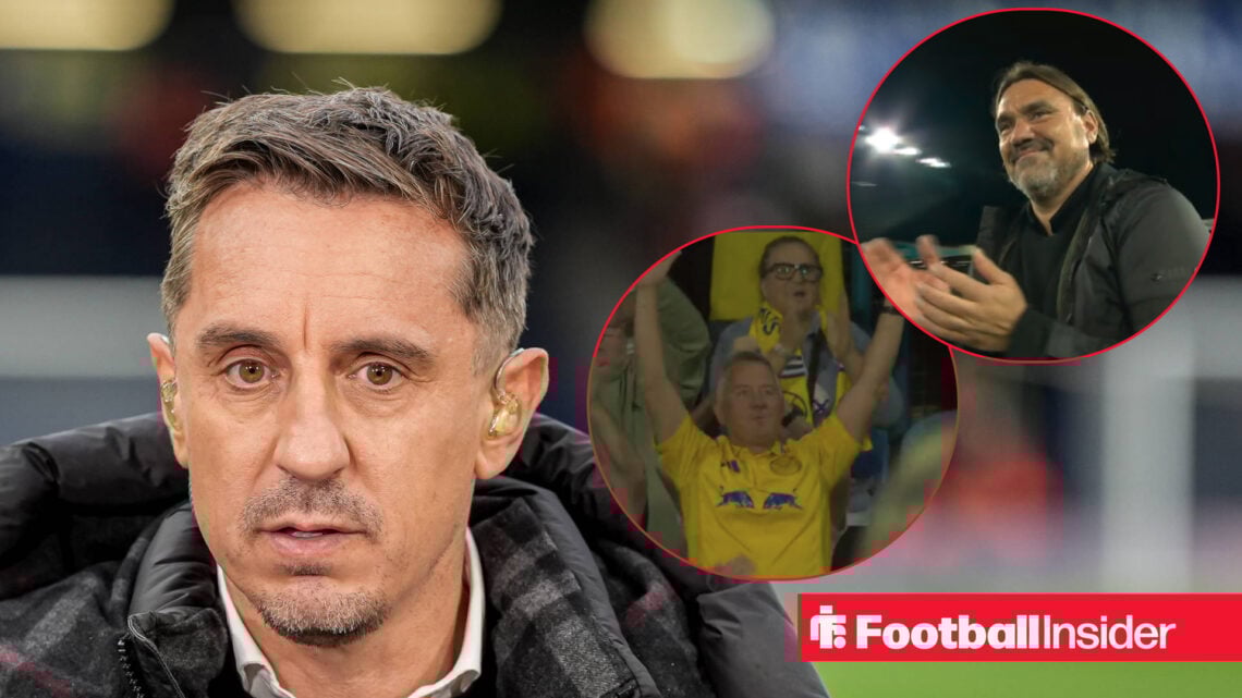 Gary Neville in top lefyt looking confused with Leeds fan in a yellow shirt with his hands in the air and Daniel Farke clapping on top of a red foo...