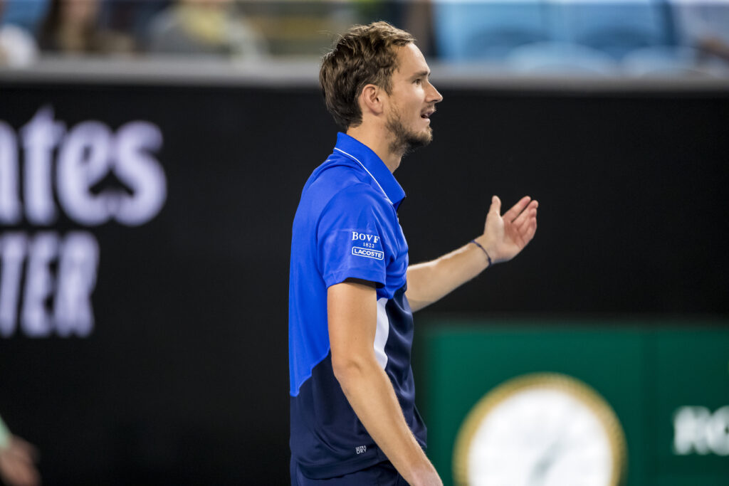 Daniil Medvedev of Russia complains to the umpire after noise coming from the crowd during the second round of the 2020 Australian Open on January 23 2020, at Melbourne Park in Melbourne, Australia.