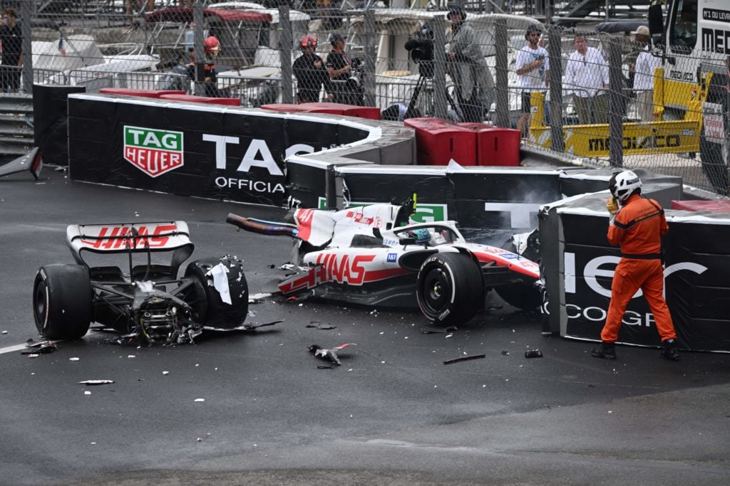 Mick Schumacher's ruined Haas after crashing in the 2022 F1 Monaco Grand Prix