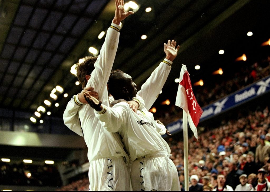 Jimmy Floyd Hasselbaink celebrates a goal for Leeds United