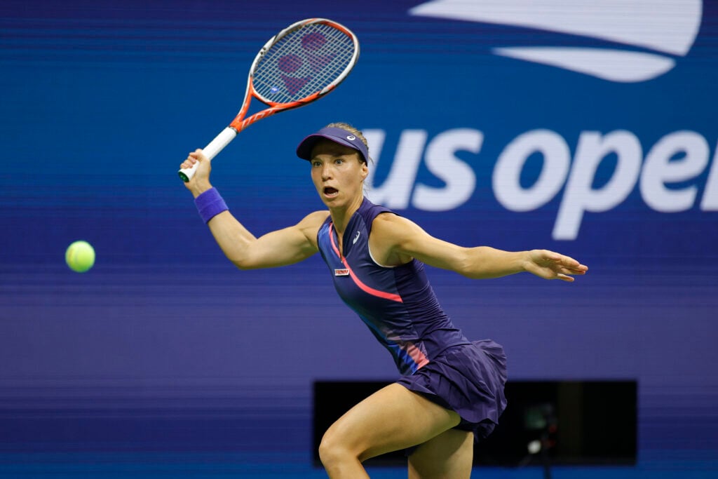 Viktorija Golubic of Switzerland returns a shot against Bianca Andreescu of Canada during her Women's Singles first round match on Day Two of the 2021 US Open at the Billie Jean King National Tennis Center.