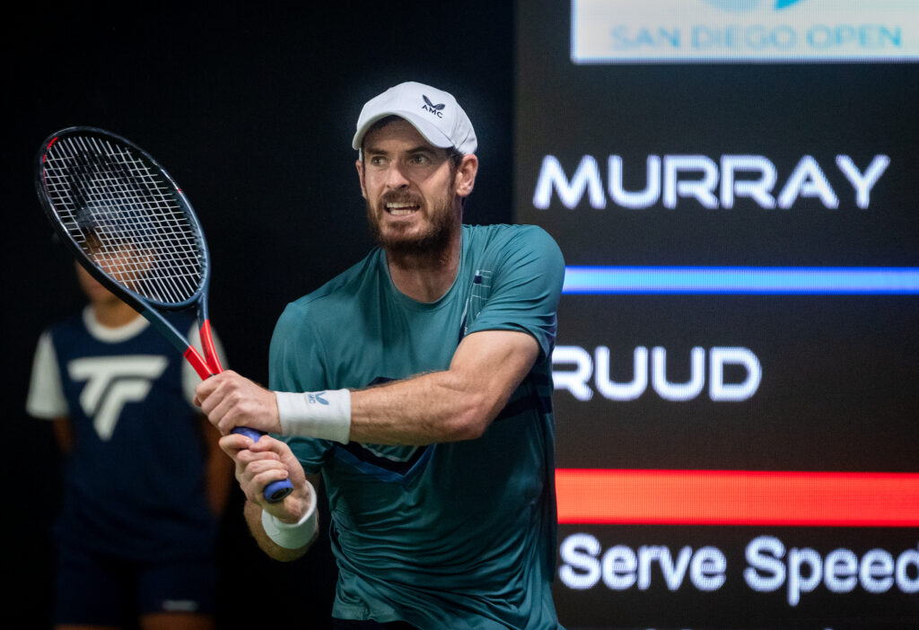 Andy Murray of Great Britain follows through on a backhand against Casper Ruud of Norway in the ATP 250 San Diego Open at Barnes Tennis Center on September 30, 2021 in San Diego, California. Ruud won the match in the round of 16 (7-5, 6-4).