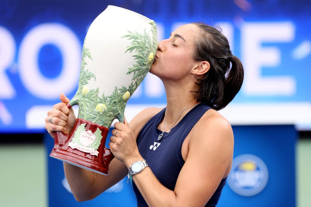 Caroline Garcia of France holds the winner's trophy after defeating Petra Kvitova of Czech Republic during the women's final of the Western & Southern Open at Lindner Family Tennis Center.