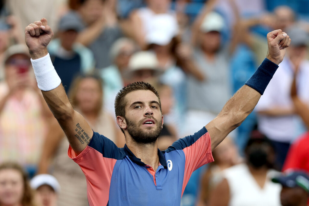 Borna Cric of Croatiacelebrates his win over Stefanos Tsitsipas of Greece during the men's final of the Western & Southern Open at Lindner Family Tennis Center on August 21, 2022 in Mason, Ohio.