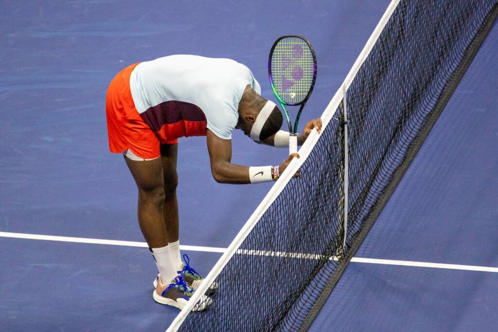Frances Tiafoe reacts during his defeat to Carlos Alcaraz at the 2022 US Open