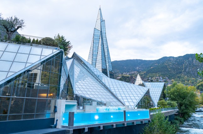Exterior panorama of the Caldea Thermal Center in Andorra and Caldea Sports Complex in autumn 2022.