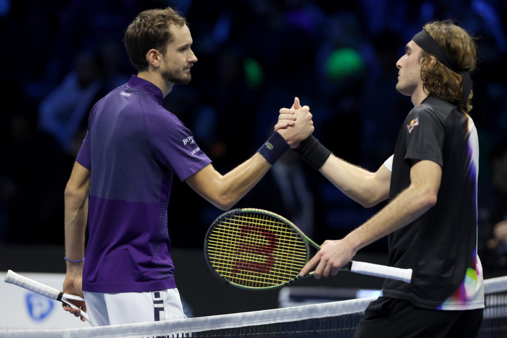 Daniil Medvedev of Russia congratulates Stefanos Tsitsipas of Greece after their match during day four of the Nitto ATP Finals at Pala Alpitour on November 16, 2022 in Turin, Italy.