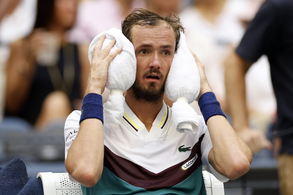 Daniil Medvedev of Russia cools down between games against Andrey Rublev of Russia during their Men's Singles Quarterfinal match on Day Ten of the 2023 US Open at the USTA Billie Jean King National Tennis Center on September 06, 2023 in the Flushing neighborhood of the Queens borough of New York City.