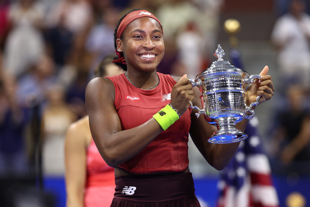 Coco Gauff of the United States celebrates after defeating Aryna Sabalenka of Belarus in their Women's Singles Final match on Day Thirteen of the 2023 US Open at the USTA Billie Jean King National Tennis Center on September 09, 2023 in the Flushing neighborhood of the Queens borough of New York City.