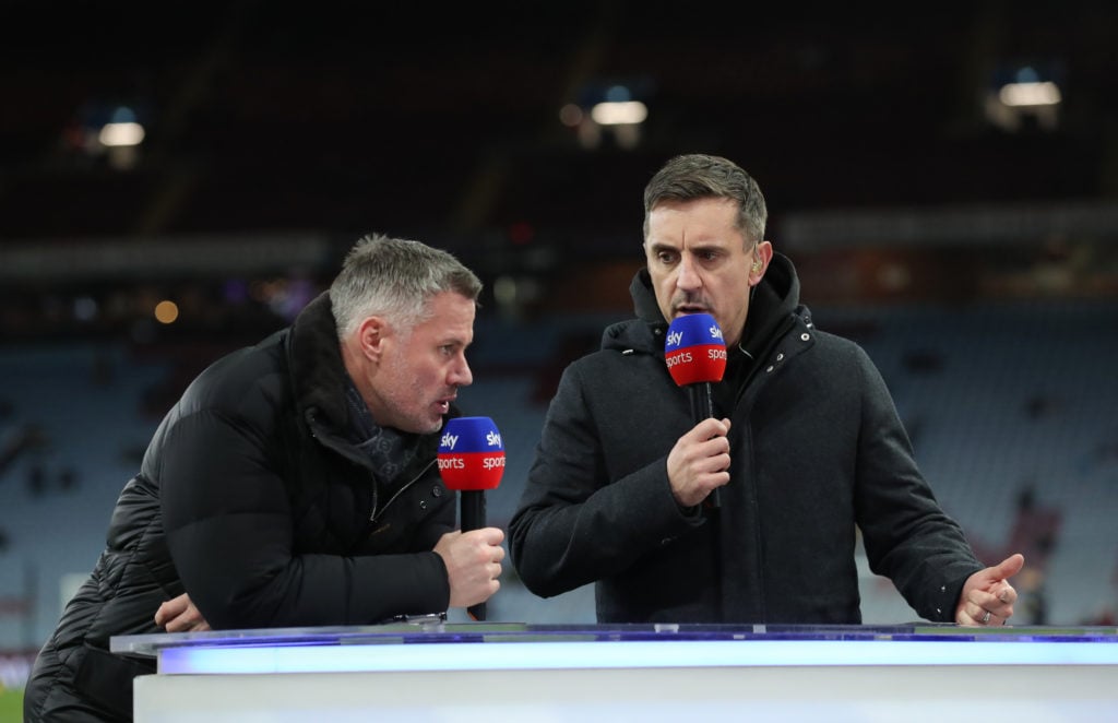 Jamie Carragher and Gary Neville in conversation while working as pundits before a Premier League game