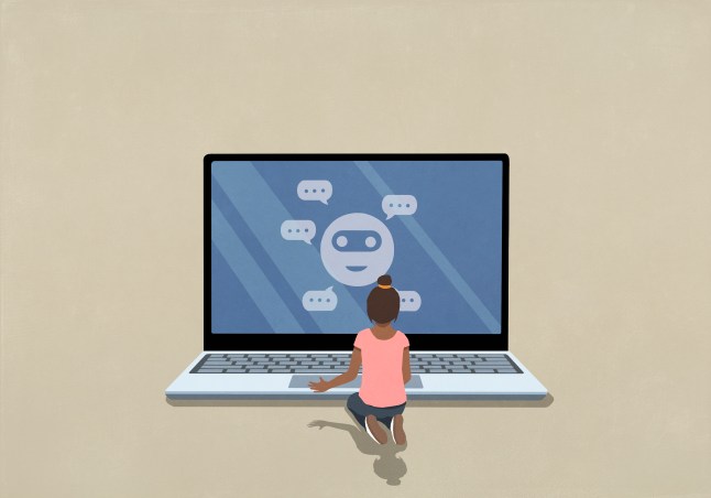 Girl video chatting at laptop screen