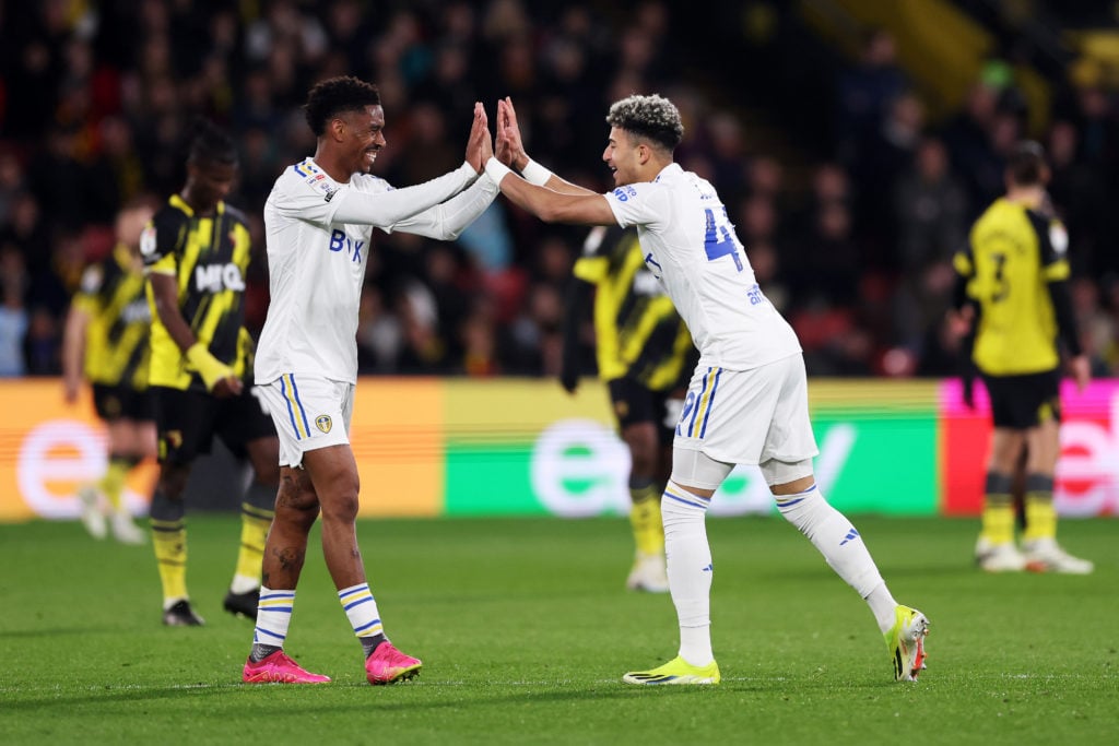 Mateo Joseph and Junior Firpo celebrate a goal vs Watford.