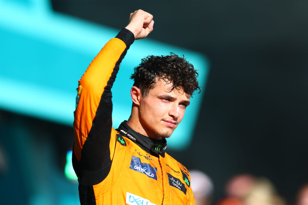 Lando Norris celebrates winning the F1 Grand Prix of Miami