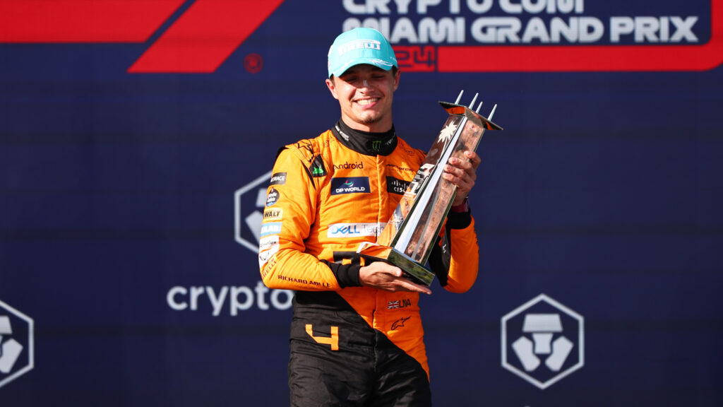 Lando Norris celebrates winning the F1 Grand Prix of Miami