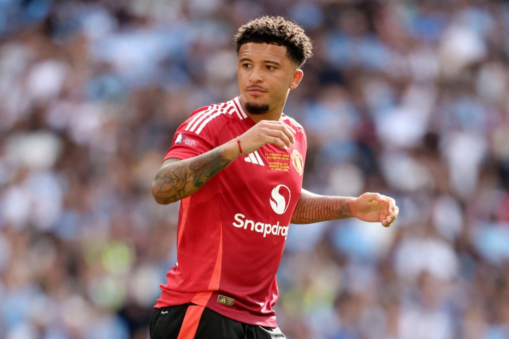 Jadon Sancho of Manchester United in action during the 2024 FA Community Shield match between Manchester United and Manchester City at Wembley Stadium on August 10, 2024