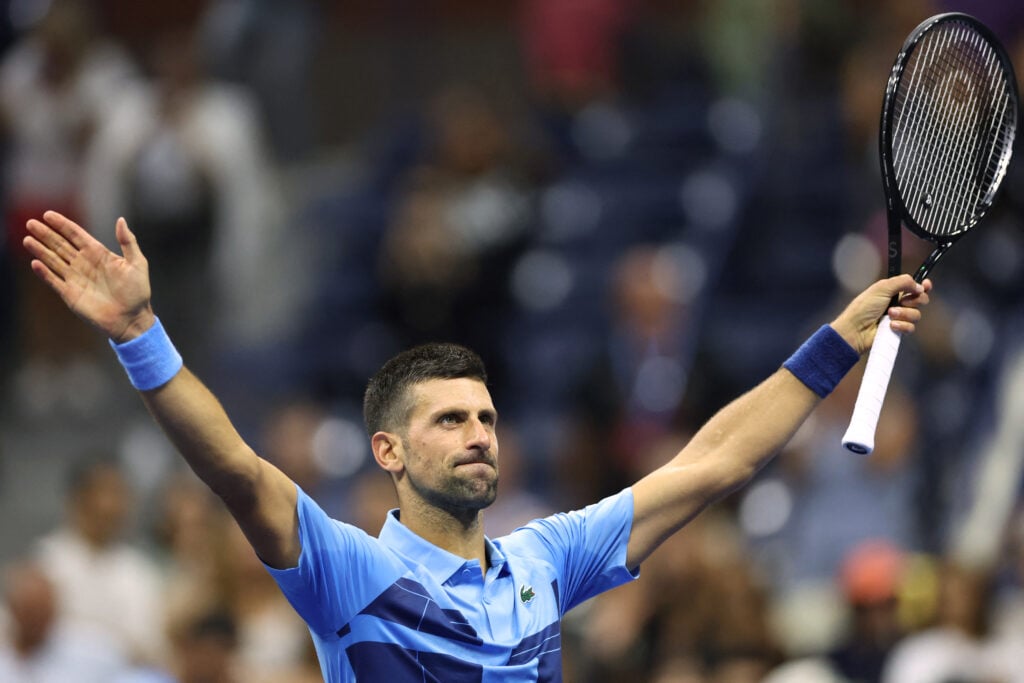 Novak Djokovic celebrates his first-round win over Radu Albot at the 2024 US Open