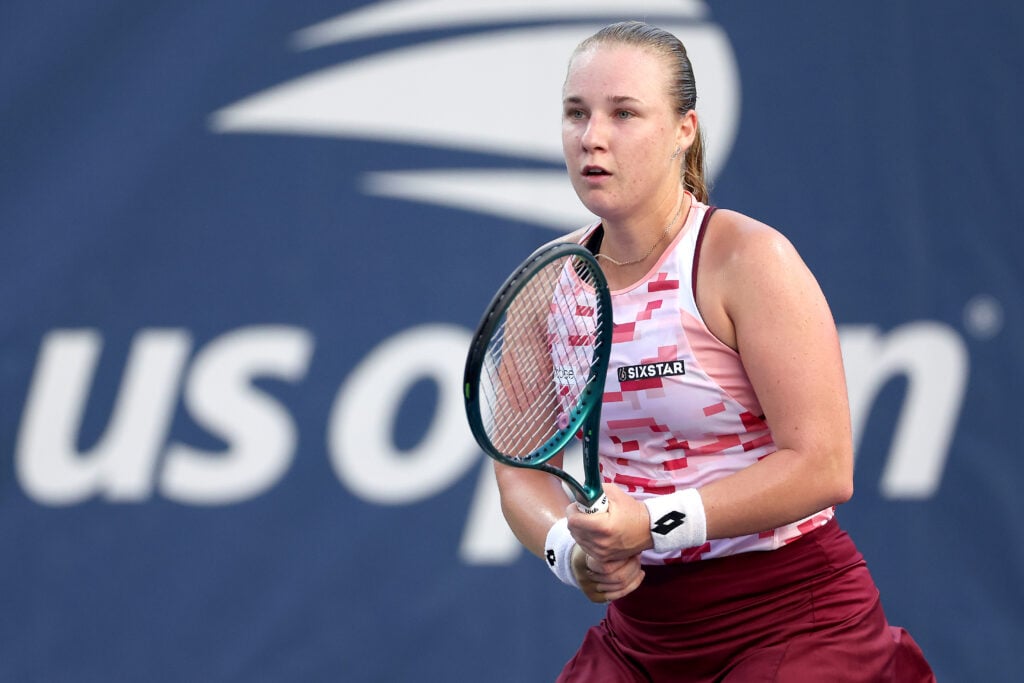 Anna Blinkova of Russia prepares to return against Emma Navarro of the United States during their Women's Singles First Round match on Day One of the 2024 US Open at the USTA Billie Jean King National Tennis Center.