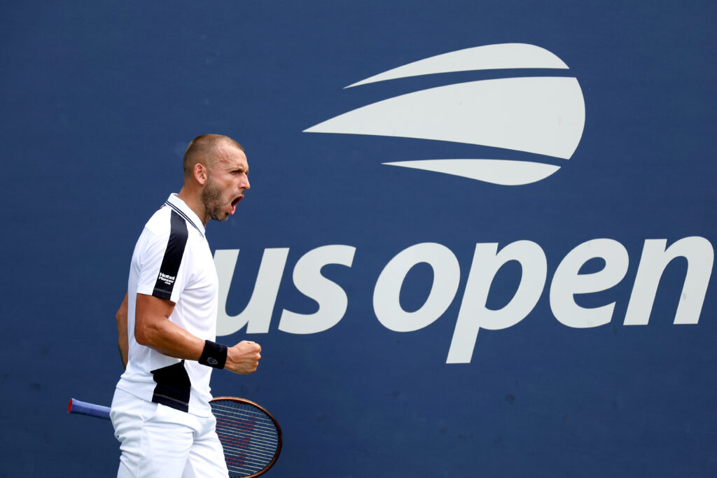 Daniel Evans of Great Britain reacts after winning a point against Karen Khachanov of Russia rduring their Men's Singles First Round match on Day Two of the 2024 US Open at the USTA Billie Jean King National Tennis Center on August 27, 2024 in the Flushing neighborhood of the Queens borough of New York City.