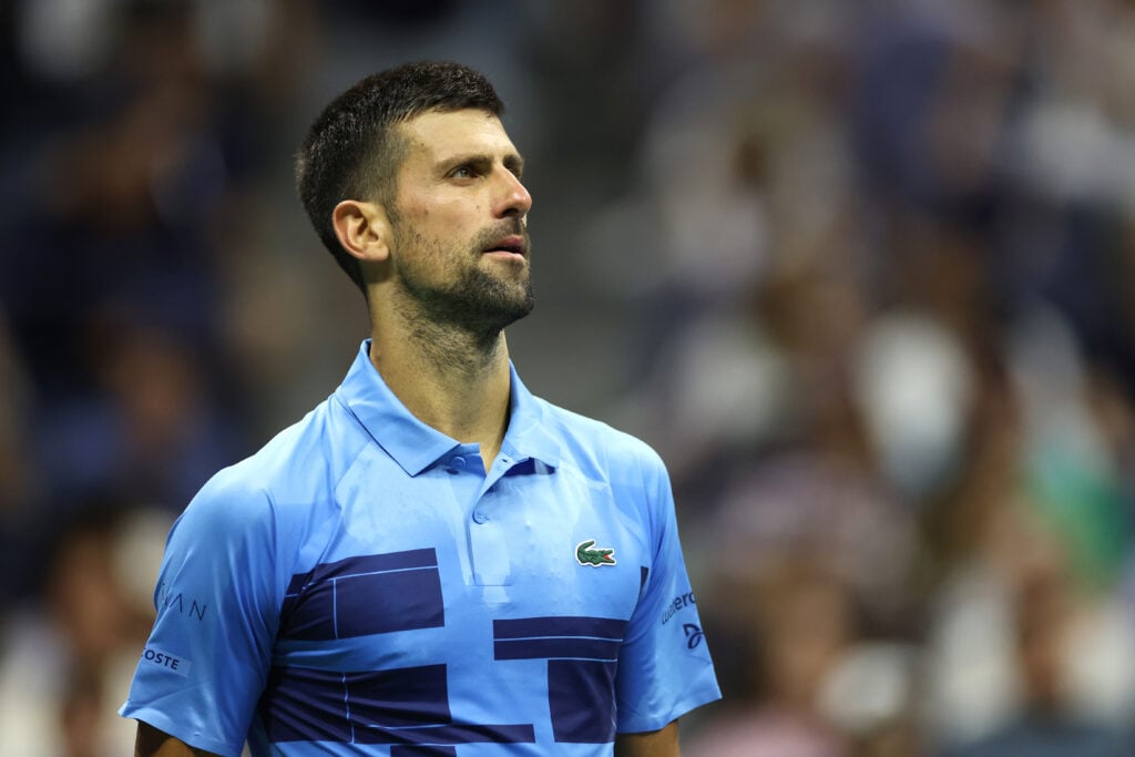 Novak Djokovic of Serbia looks on after a point against Alexei Popyrin of Australia during their Men's Singles Third Round match on Day Five of the 2024 US Open at USTA Billie Jean King National Tennis Center.