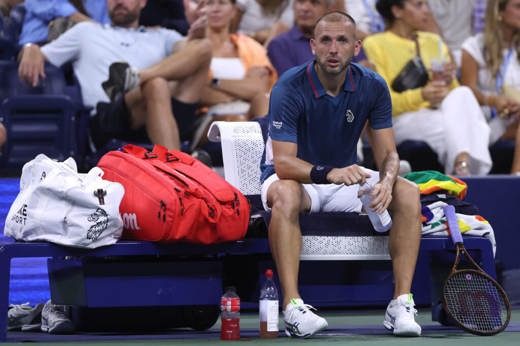 Daniel Evans of Great Britain reacts after losing to Alex de Minaur of Australia during their Men's Singles Third Round match on Day Six of the 2024 US Open at USTA Billie Jean King National Tennis Center on August 31, 2024 in the Flushing neighborhood of the Queens borough of New York City.