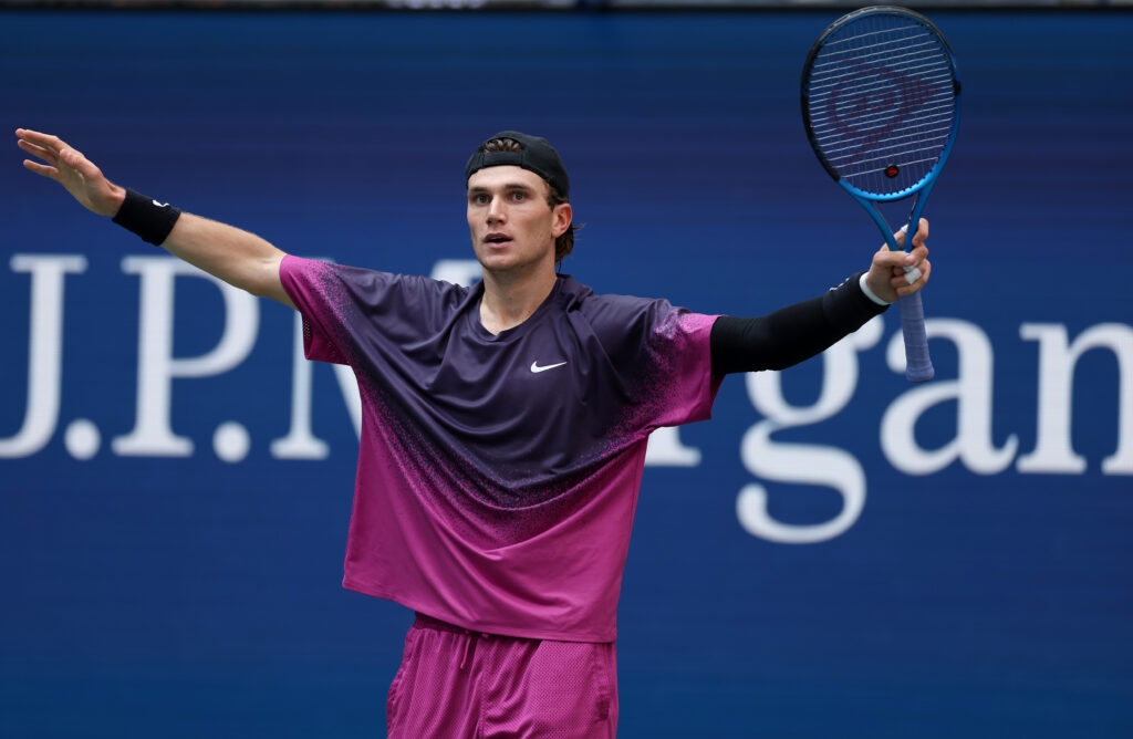 Jack Draper of Great Britain celebrates match point against Alex de Minaur of Australia during their Men's Singles Quarterfinal match on Day Ten of the 2024 US Open at USTA Billie Jean King National Tennis Center on September 04, 2024 in the Flushing neighborhood of the Queens borough of New York City.