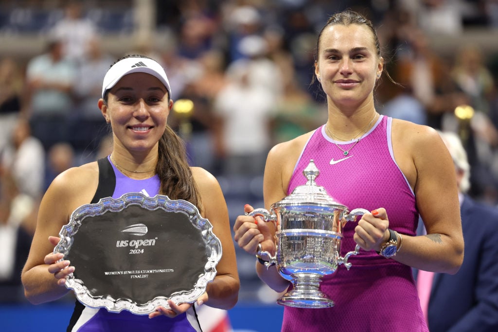 Jessica Pegula and Aryna Sabalenka pose with their trophies after the 2024 US Open final