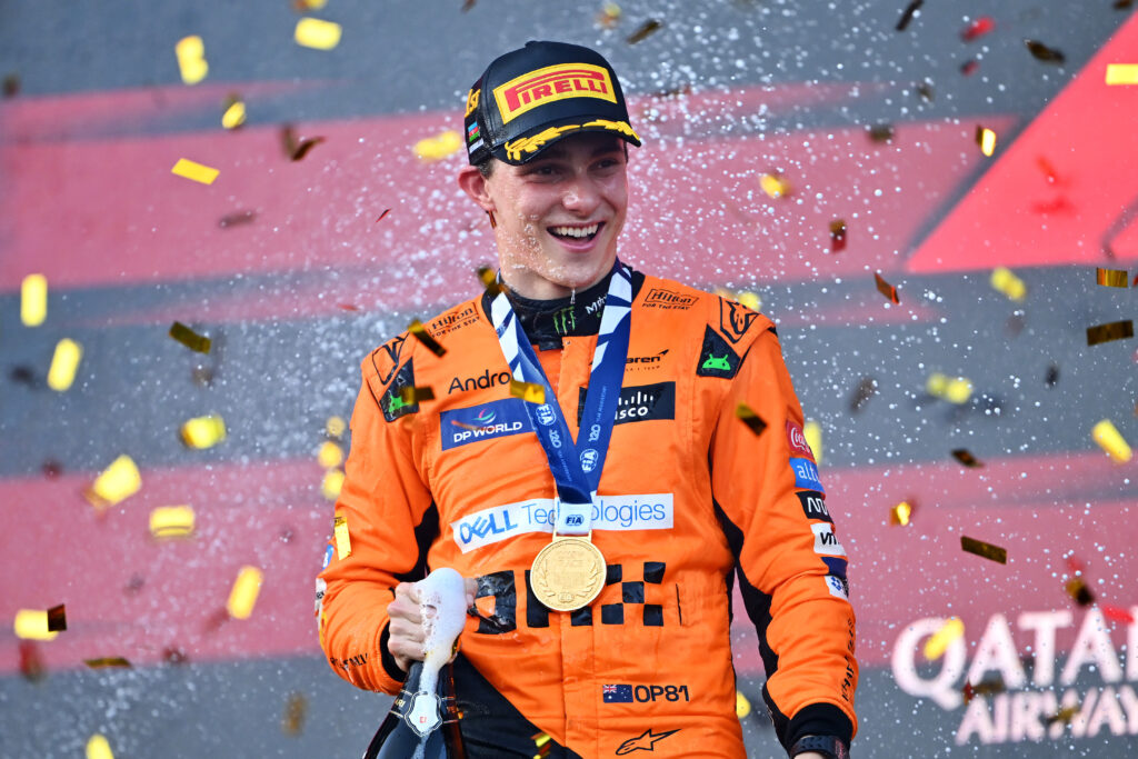 Oscar Piastri of Australia and McLaren celebrates on the podium during the F1 Grand Prix of Azerbaijan