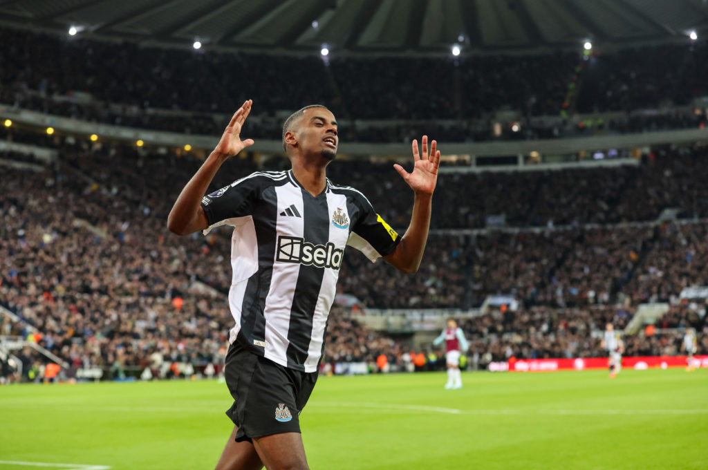 Alexander Isak rues a missed chance during a Premier League game between Newcastle United and West Ham United.