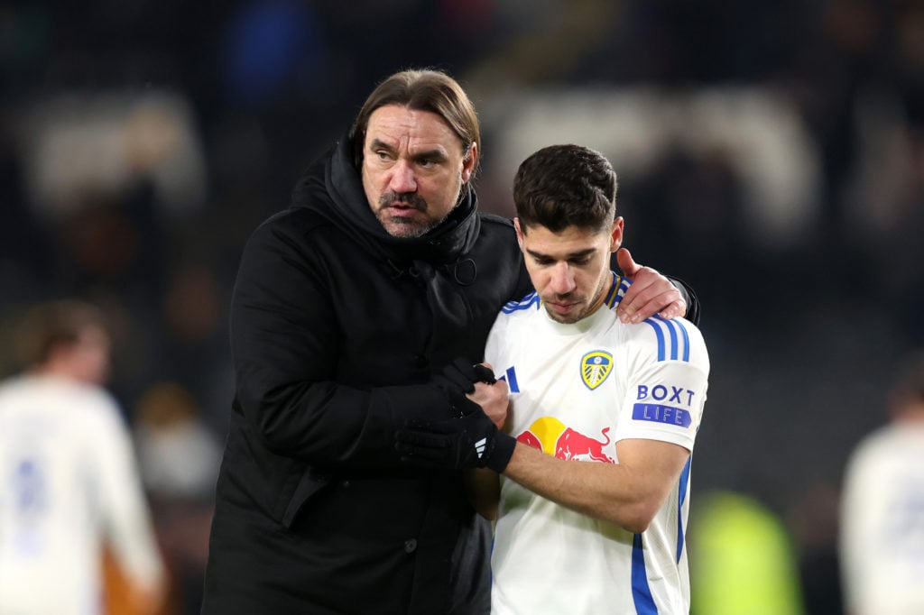 Daniel Farke consoles Manor Solomon after Leeds draw with Hull City.