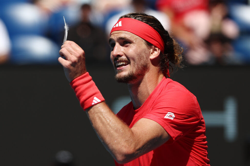 Alexander Zverev of Germany protests to chair umpire Nacho Forcadell with showing a feather in the Men's Singles Quarterfinal match against Tommy Paul of the United States during day 10 of the 2025 Australian Open at Melbourne Park on January 21, 2025 in Melbourne, Australia.