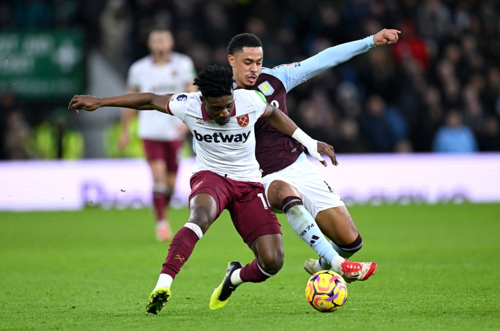 Mohammed Kudus of West Ham United is challenged by Jacob Ramsey of Aston Villa during a Premier League clash at Villa Park on January 26, 2025