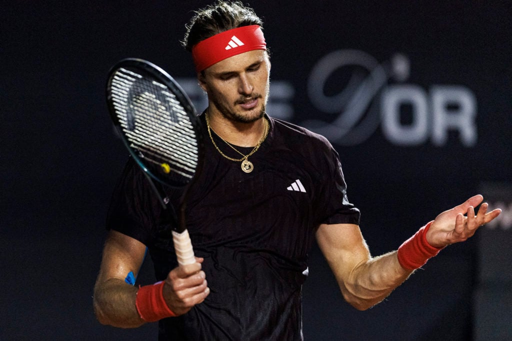 Alexander Zverev looks upset after a point at the Claro ATP 500 Rio Open 2025
