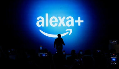 Alexa+ logo with a person standing in front of it