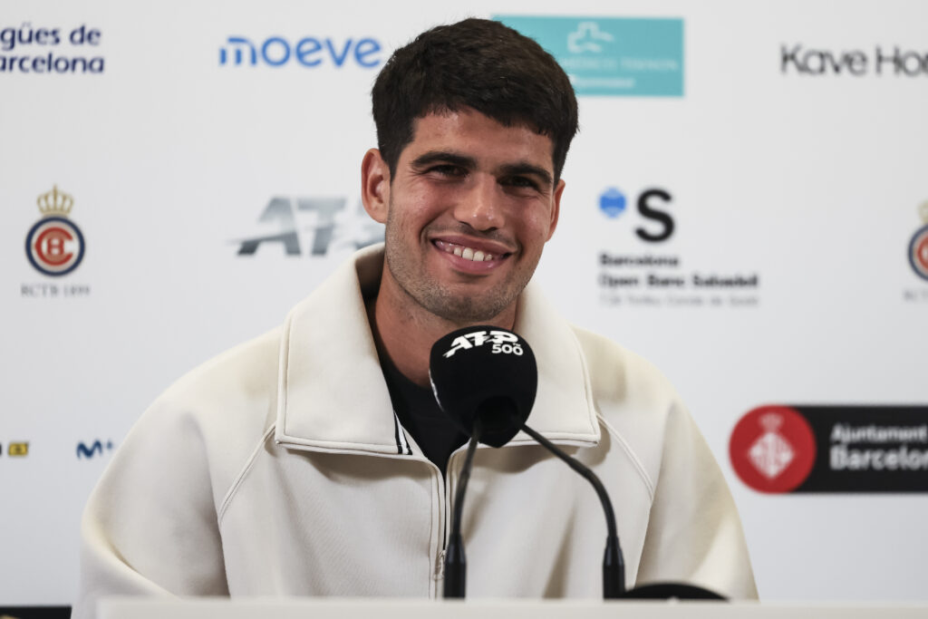 Carlos Alcaraz of Spain attends his press conference during the Barcelona Open Banc Sabadell - Conde Godo 2025 Day 1 at Real Club De Tenis Barcelona on April 14, 2025 in Barcelona, Spain.