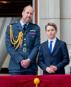 LONDON, ENGLAND - MAY 5: Prince George of Wales with Prince William, Prince of Wales watch a flypast from the balcony of Buckingham Palace after the military procession to mark the 80th anniversary of VE Day on May 5, 2025 in London, England. The King and Queen, joined by Members of the Royal Family, will take part in events from May 5th to May 8th to commemorate the 80th anniversary of VE Day, which signalled the end of the Second World War in Europe. (Photo by Mark Cuthbert/UK Press via Getty Images)
