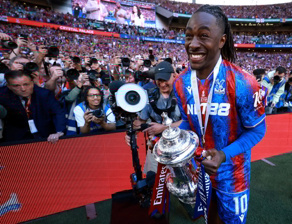 Eberechi Eze celebrates winning the FA Cup with Crystal Palace