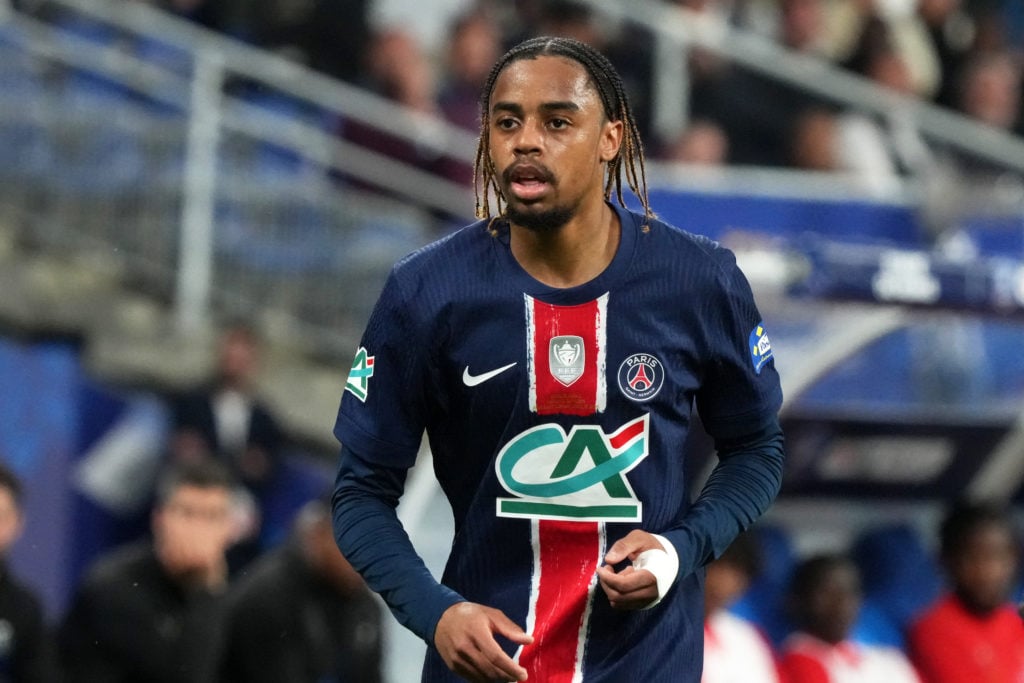 Bradley Barcola of PSG looks on the French Cup Final between Paris Saint-Germain (PSG) and Stade de Reims at Stade de France
