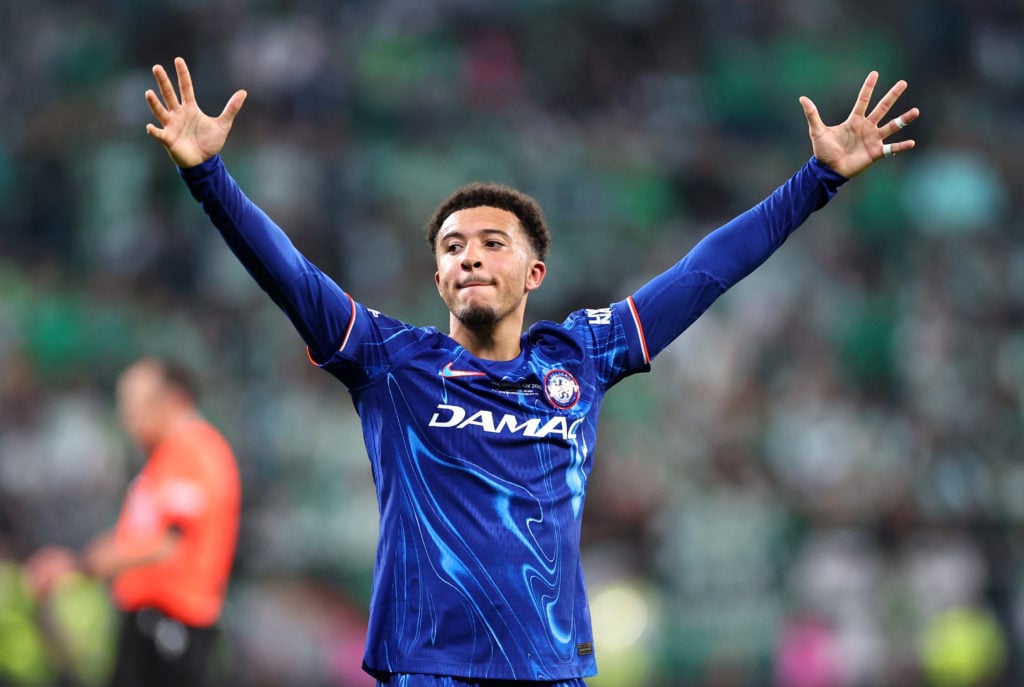 Jadon Sancho of Chelsea celebrates in the UEFA Conference League Final 2025 between Real Betis Balompie and Chelsea FC