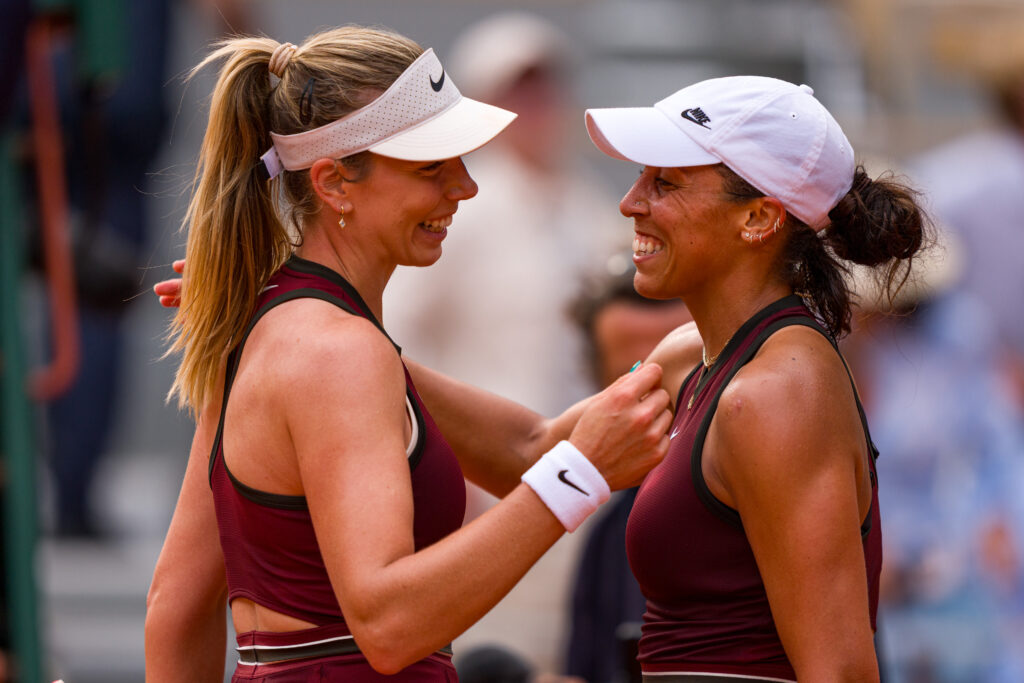 Madison Keys (R) of United States embraces Katie Boulter of Great Britain after victory during the Women's Singles Second Round match on Day Five of the 2025 French Open at Roland Garros on May 29, 2025 in Paris, France.