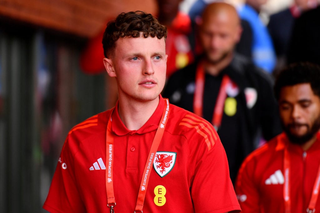 Nathan Broadhead of Wales arrives