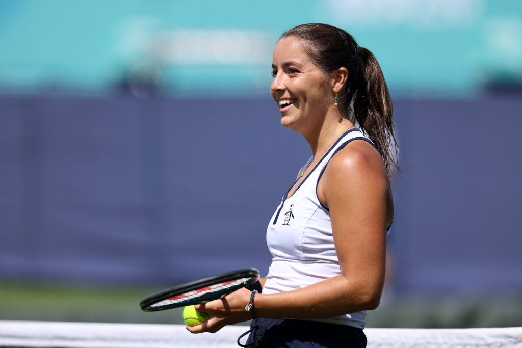 Jodie Burrage of Great Britain has a hit on the practice court during the Lexus Eastbourne Open at Devonshire Park on June 21, 2025 in Eastbourne, England.