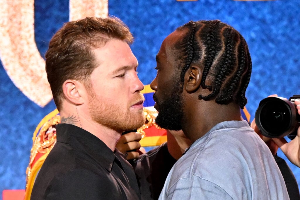Canelo Alvarez faces off with Terence Crawford ahead of their super middleweight title fight at Fanatics Fest NYC