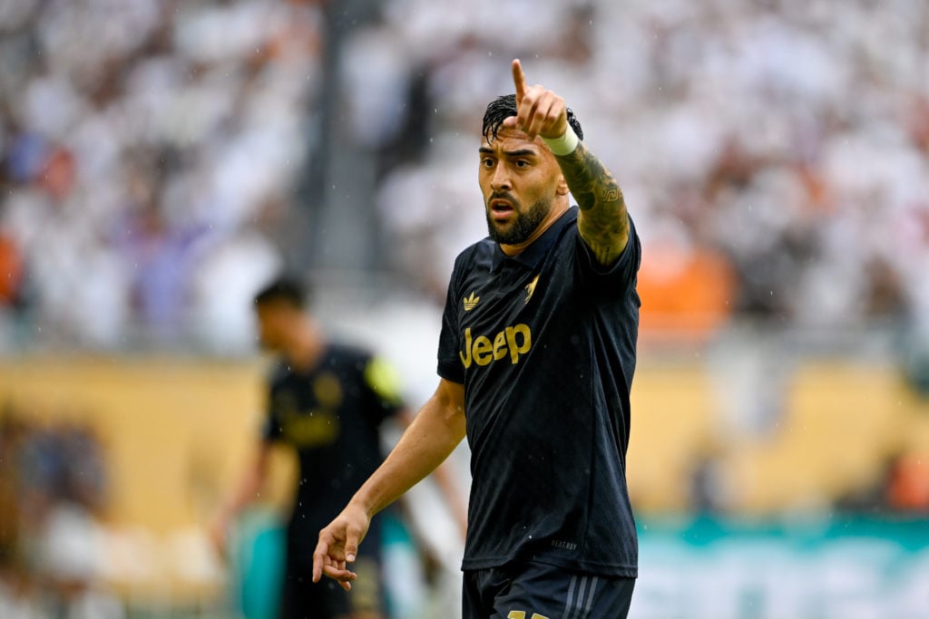 Nico Gonzalez points during Real Madrid CF v Juventus in the FIFA Club World Cup 2025