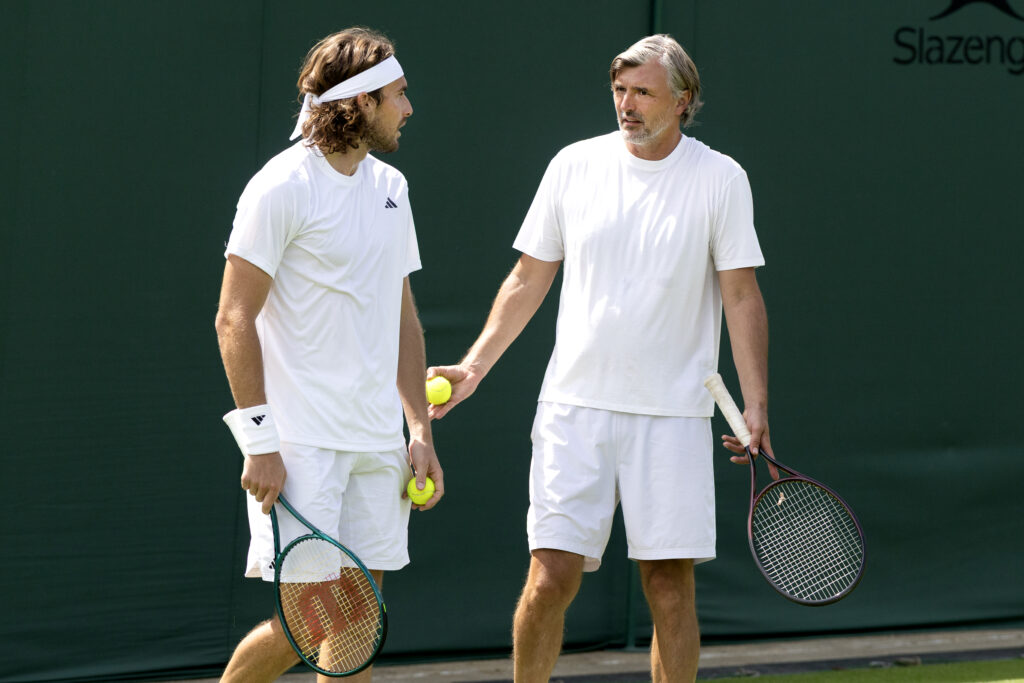 Stefanos Tsitsipas of Greece with new coach Goran Ivanisevic during practice on Court Three in preparation for the Wimbledon Lawn Tennis Championships at the All England Lawn Tennis and Croquet Club at Wimbledon on June 27th, 2025, in London, England.