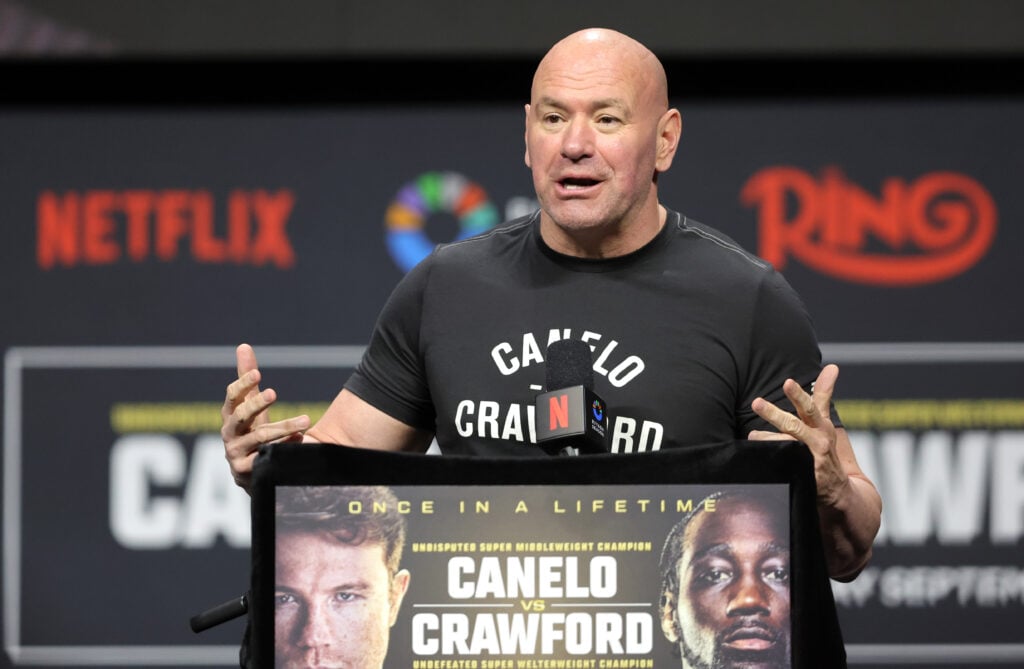 Dana White speaks at a pre-fight press conference while promoting Canelo Alvarez vs. Terence Crawford