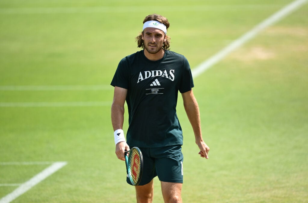 Stefanos Tsitsipas of Greece looks on during a practice session prior to The Championships Wimbledon 2025 at All England Lawn Tennis and Croquet Club.