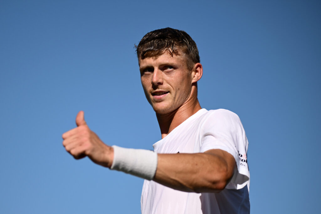 Billy Harris of Great Britain celebrates his victory against Dusan Lajovic of Serbia during the Gentlemen's Singles first round match on day one of The Championships Wimbledon 2025 at All England Lawn Tennis and Croquet Club on June 30, 2025 in London, England.