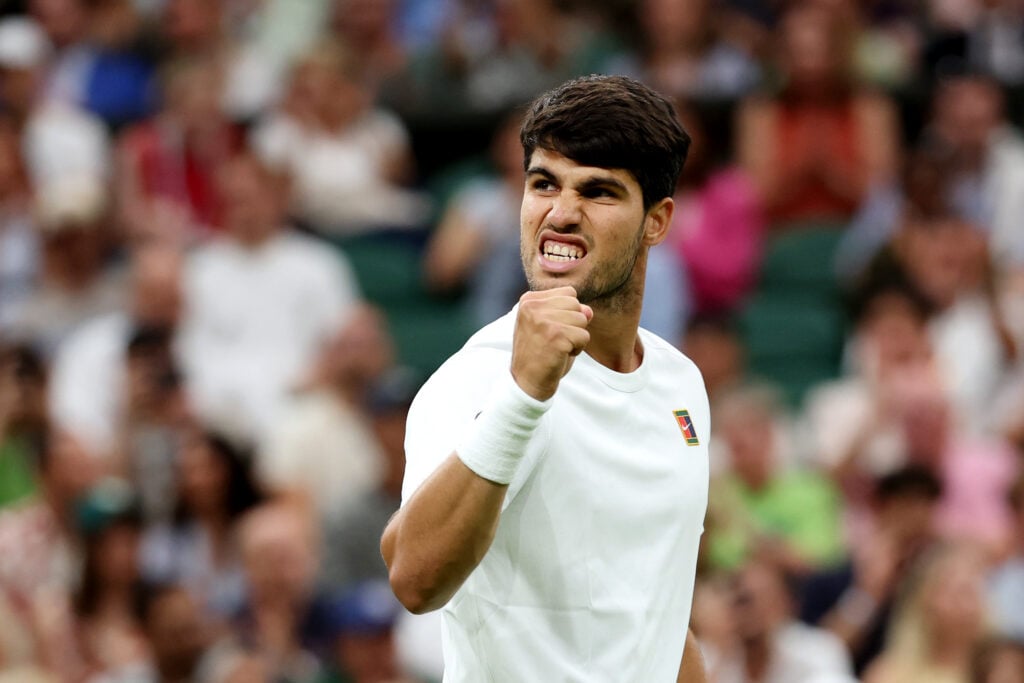 Carlos Alcaraz celebrates during his fourth-round win over Andrey Rublev at Wimbledon