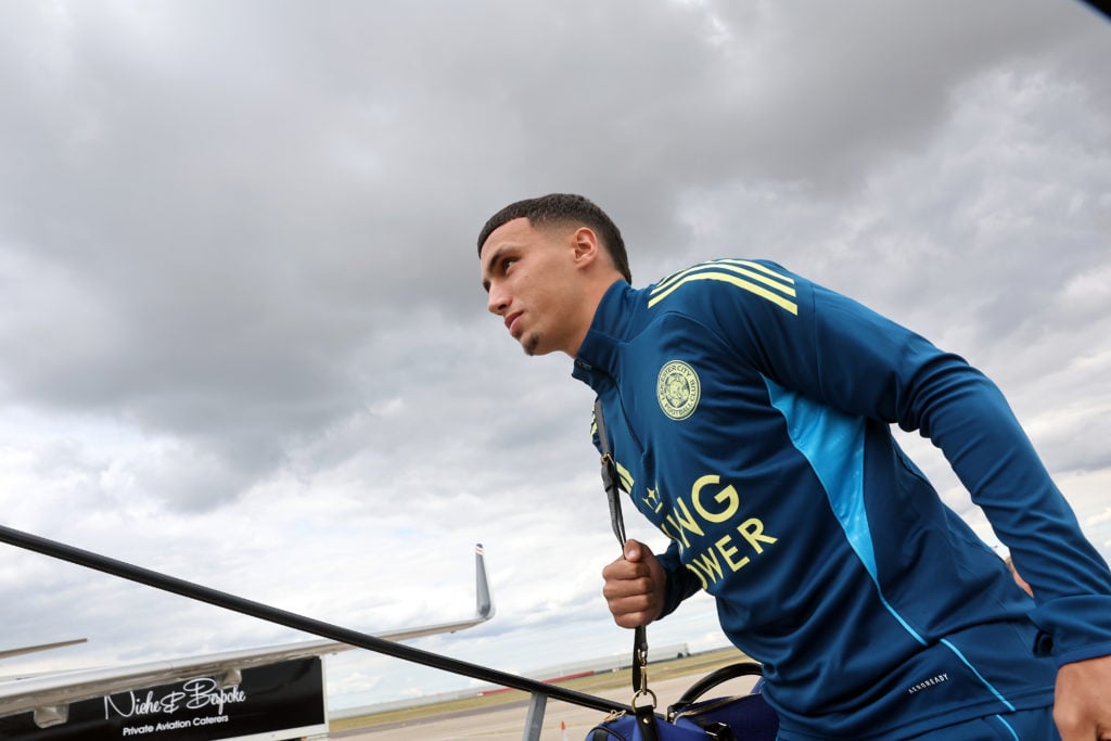 Bilal El Khannouss boards a plane with Leicester City.